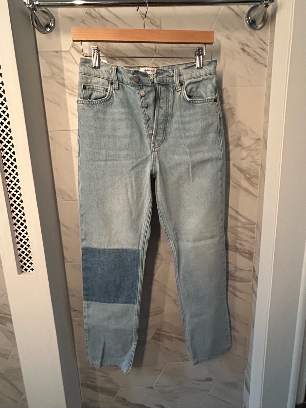 Reformation Light Blue High-Rise Straight Leg Jeans with Patch